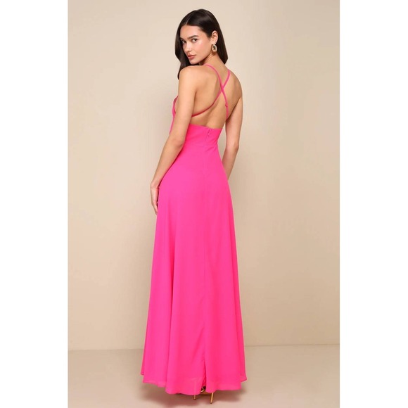 Lulus Dresses & Skirts - Lulus M Dreamy Romance Hot Pink Backless Maxi Dress Square Neck High Slit Gown